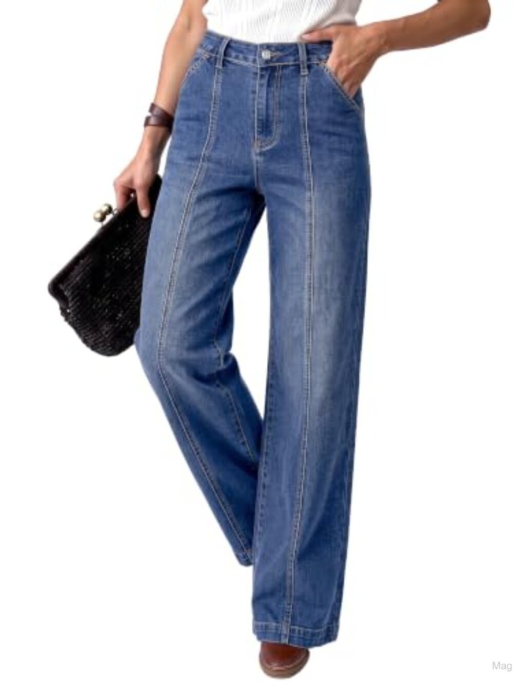 Wide Leg High Waist Stretchy Denim Jeans Front Seam Pockets Loose Fit